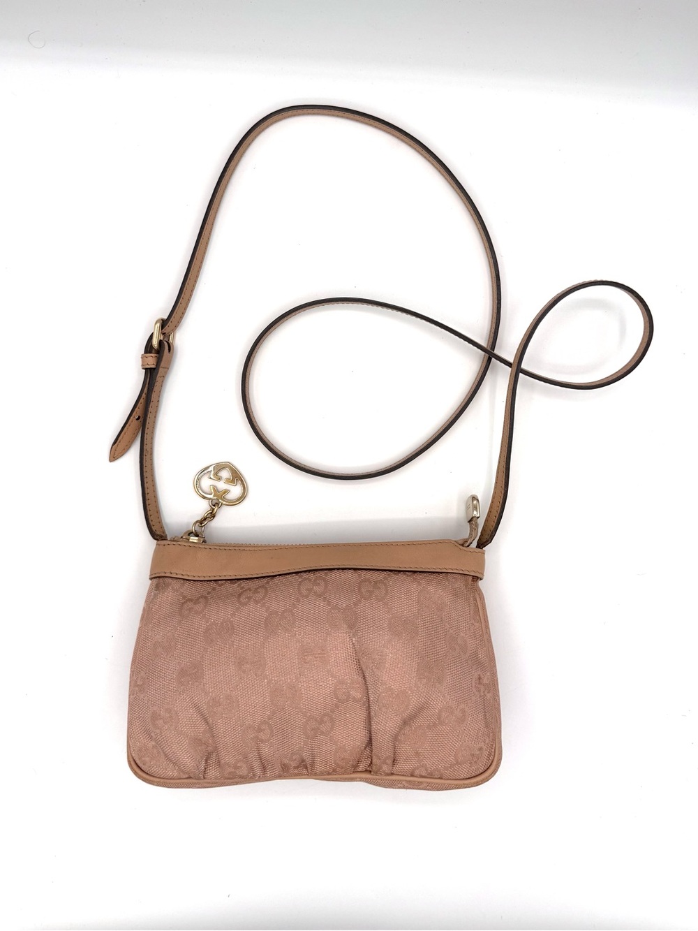 Gucci Pink Monogram Heart Charm Crossbody Pochette Bag